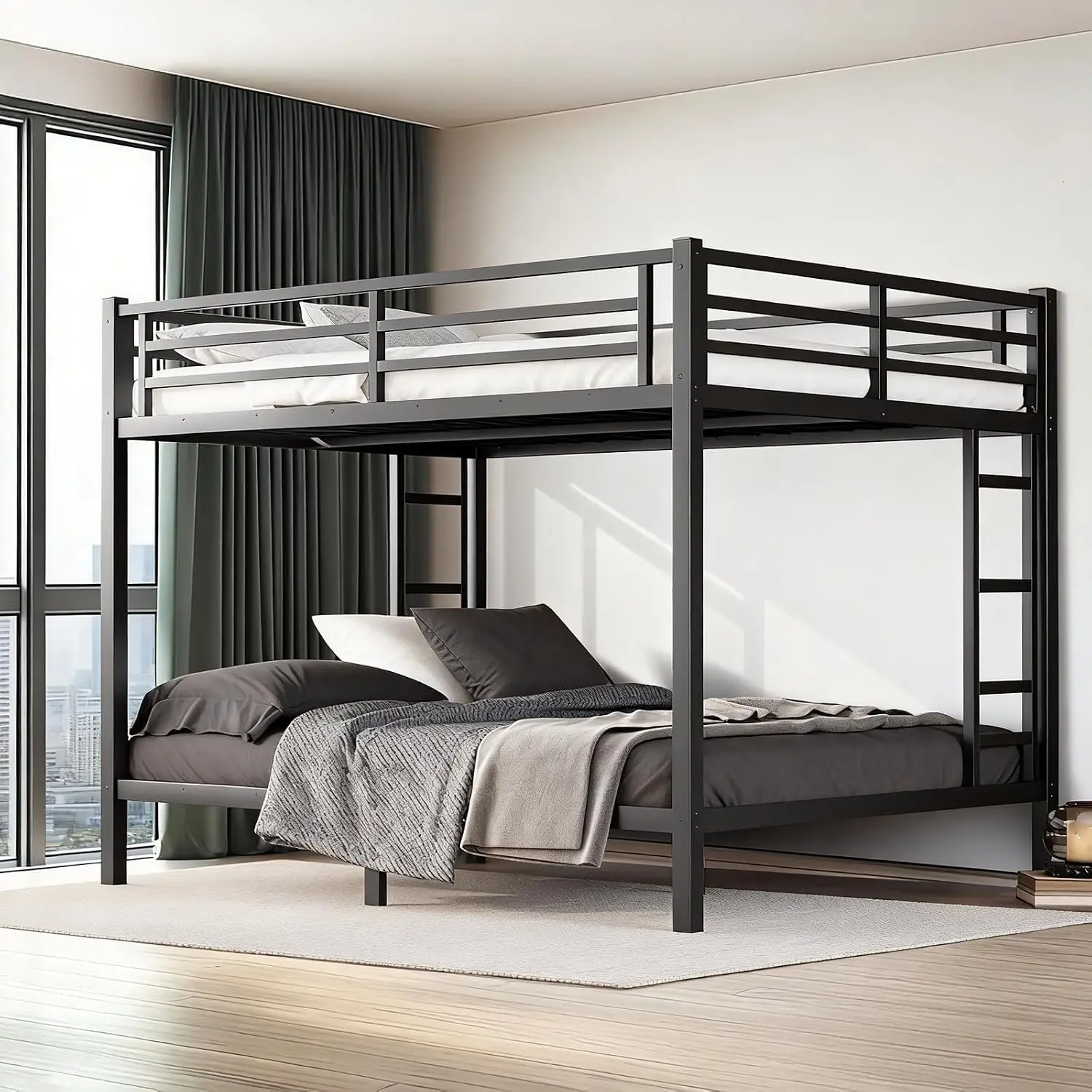 Heavy Duty Metal Queen Over Queen Bunk Bed for Adults & Teens, 400/600LB w/Ladder & Guardrail, Noise-Free Slats , Custom