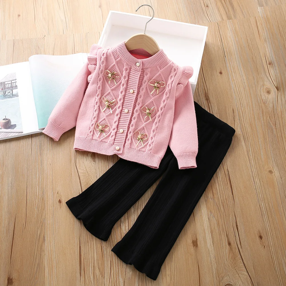 

Girls Clothes Sets Spring Autumn Children Woolen Jersey Sweaters Coats Pants 2pcs Princess Suit For Baby Knitted Outfits Kids 6Y