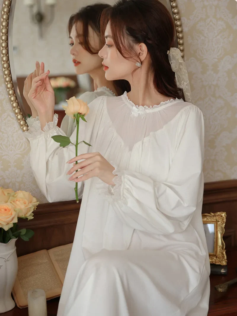 Women Long Sleeve Nightdress Spring Cotton Mesh Fairy Pajamas French Vintage Princess Loose Victorian Nightgowns Sleepwear image 2