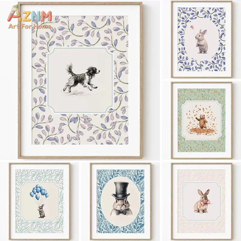 AZNM Vintage Floral Framed Animals Dog Bunny Bear Nursery Canvas Wall Art Print Decor