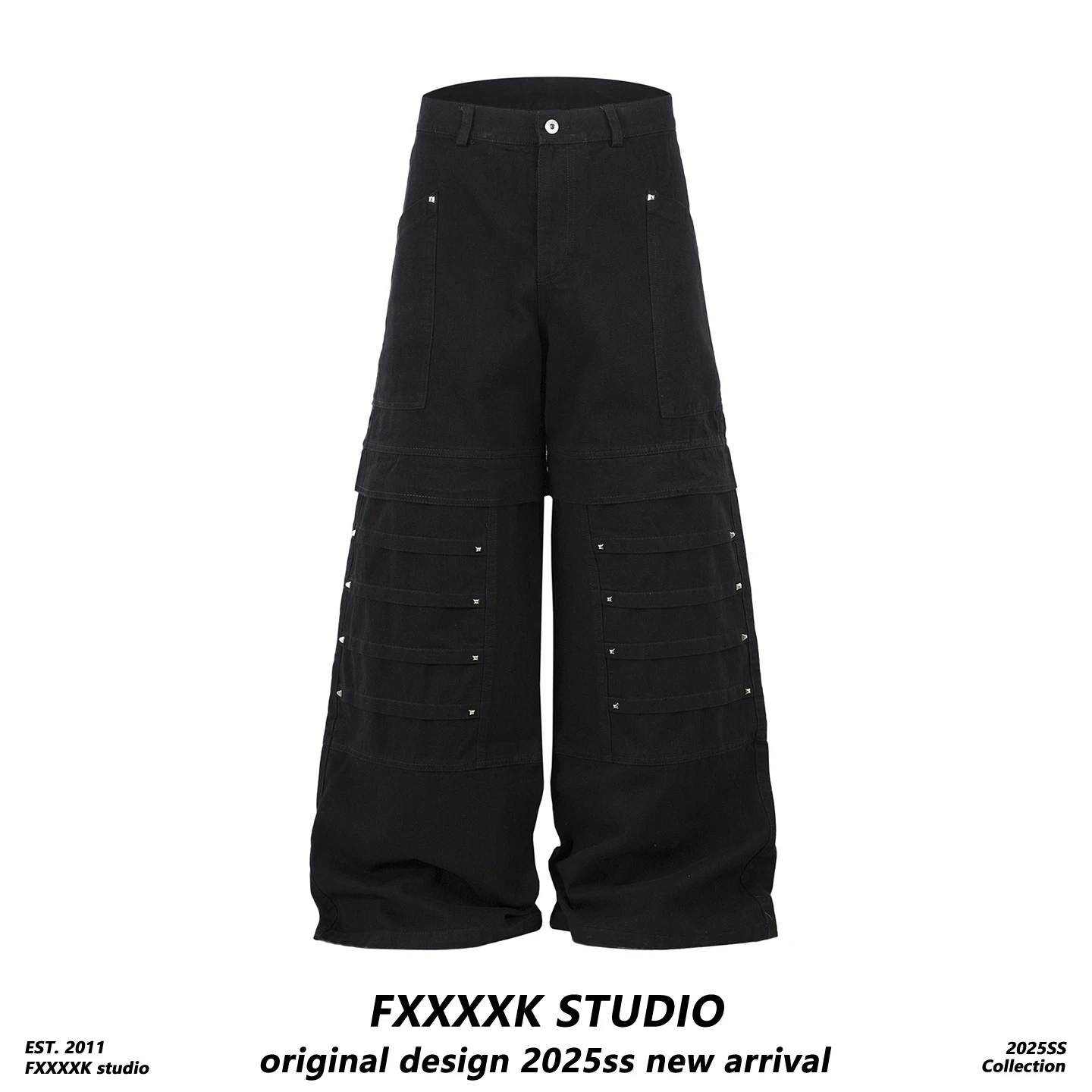 

FXK Original American High Street Vibe Rivet Folded Design Jeans Loose Wide Leg Pants for Men And Women Casual Cotton Jeans