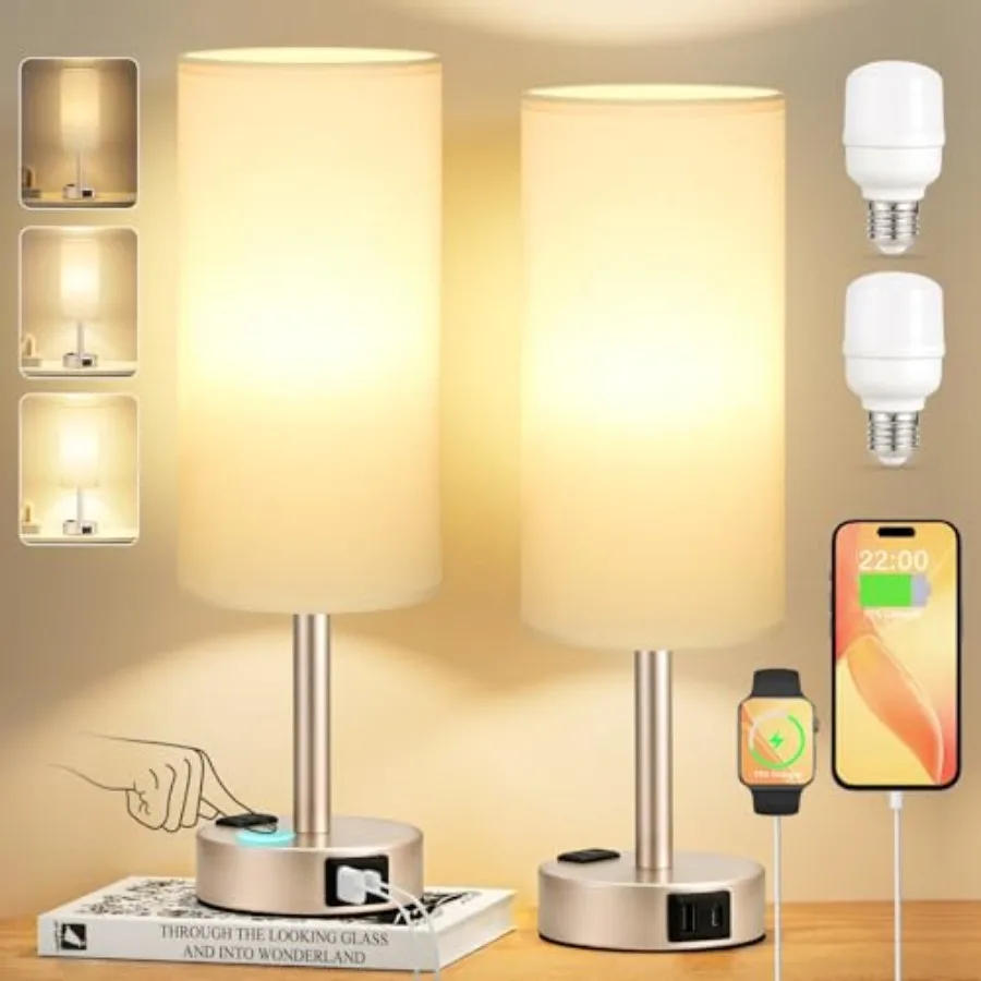 

Touch Bedside Table Lamps Set - 3 Way Dimmable Bedroom Lamps Set of 2 with USB C and A Ports, Small Lamps for Nightstand with A
