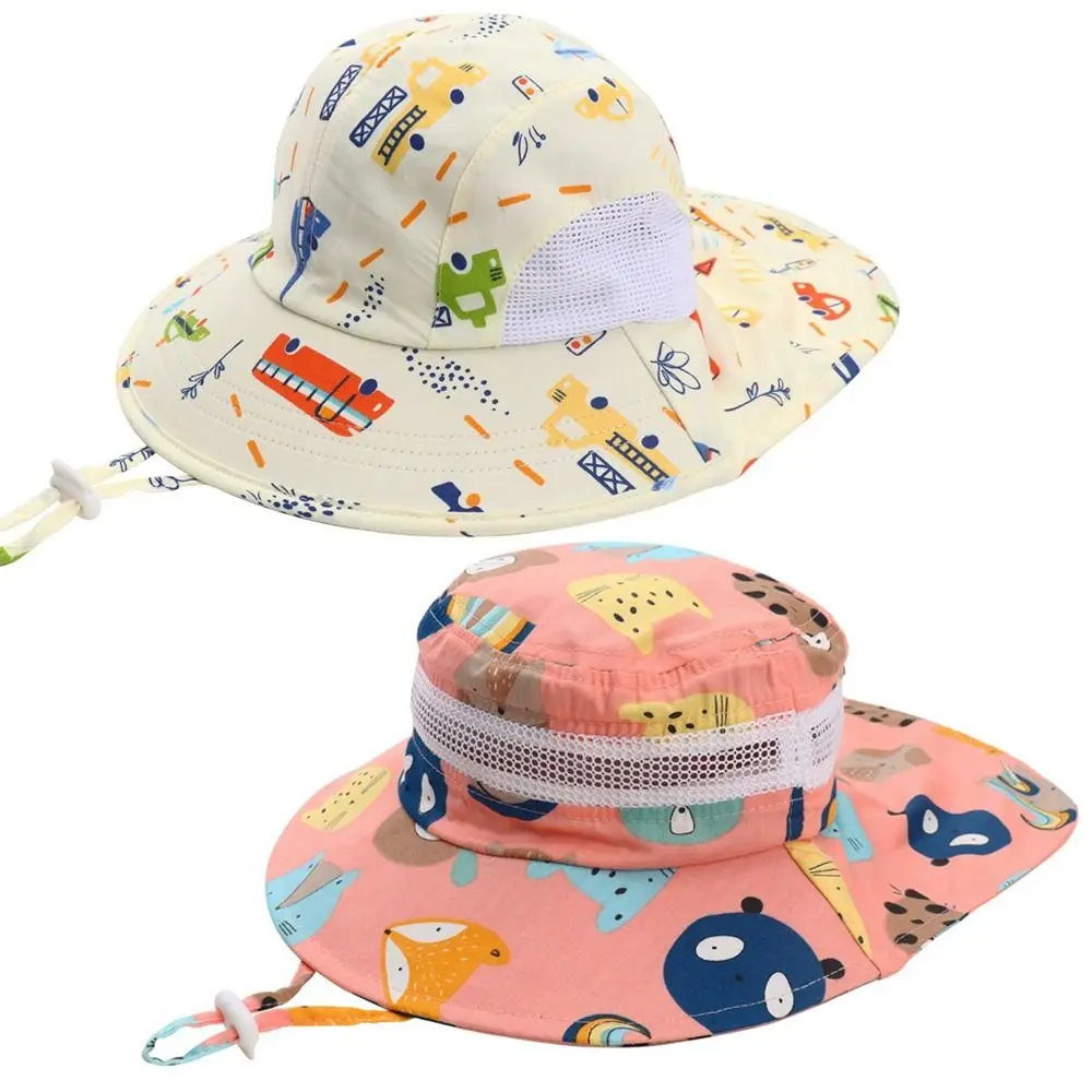 New Children Sun Hat Summer Cartoon Neck Protective Kids Caps Sea Printing Breathable Mesh Bucket Hat Bonnet For Boys Girls