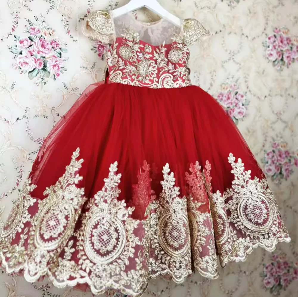 

Customized Red Flower Girl Dress Tulle Gold Floral Appliques With Bow Short Sleeve For Wedding Birthday Party Banquet Gown