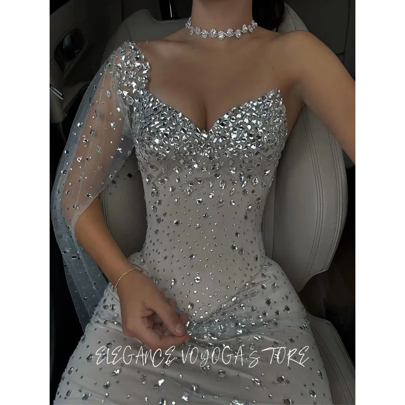Gaun Prom Model Sheath Warna Silver Gray Diamond Custom EVS, Satu Tali Bahu, Panjang Se-Mata Kaki, Vestidos De Noche, Formal