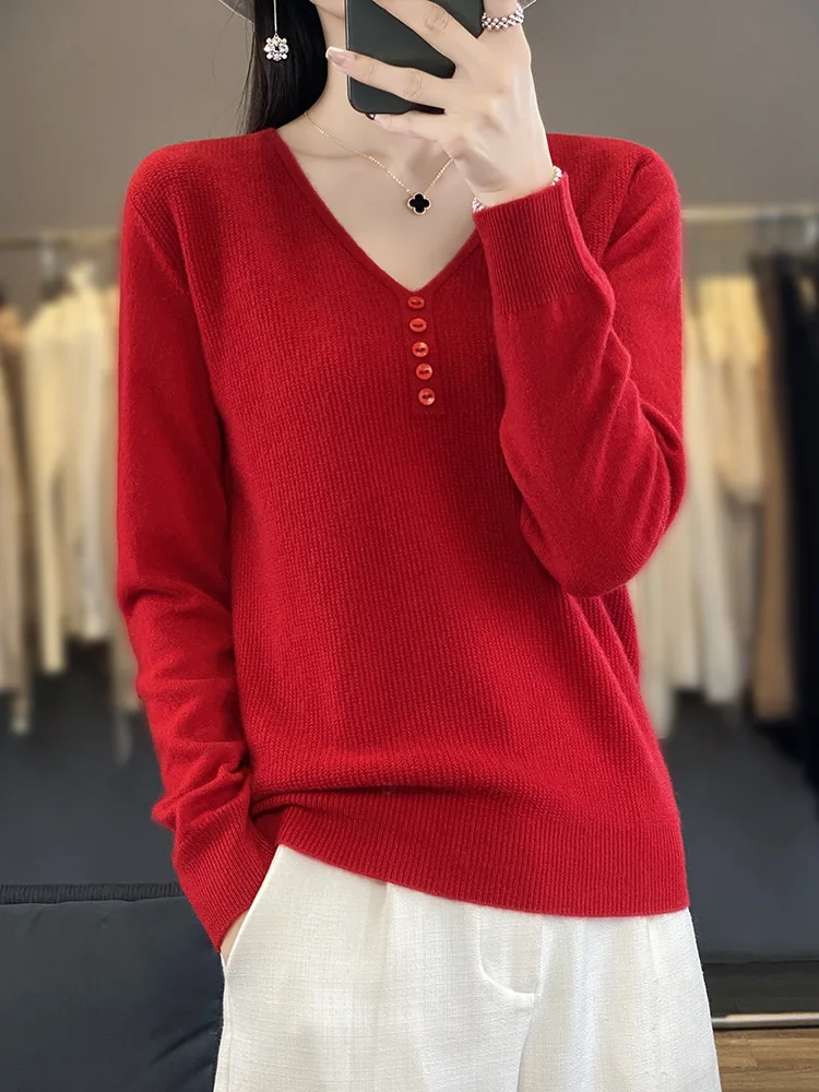 Fashion Wool New Arrival Women's Sweater Long Sleeve V-Neck Pullover High Elasticity Knitted Jumper Slim Fitting New In Knitwear