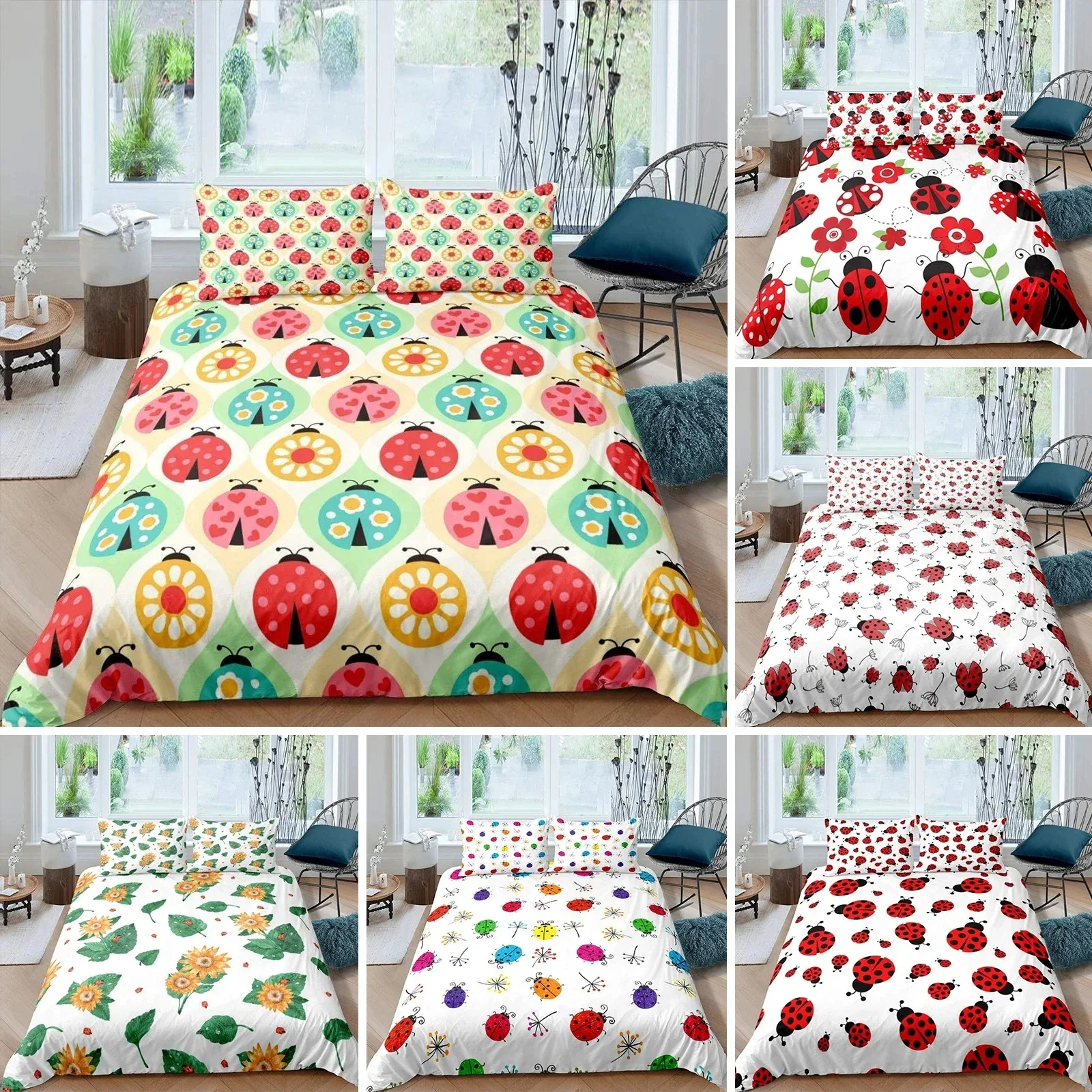 Ladybug Duvet Cover Set 3D Ladybug Printed Bedding Set for Kids Boys Girls Flying Entomology Soft King Size Quilt Cover