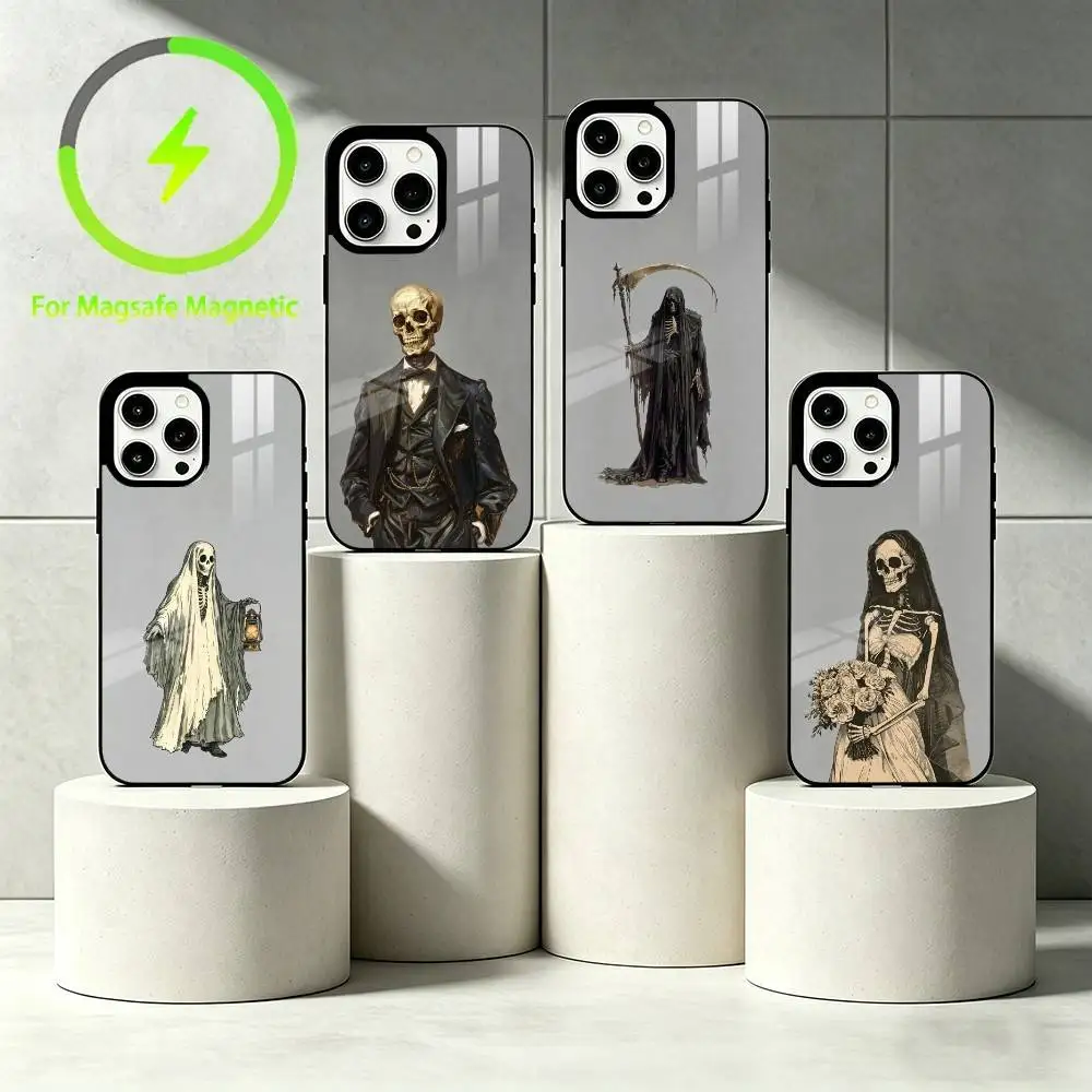 

H-Horror skeleton Phone Case For iPhone 17 16 15 14 13 12 Pro Max Plus for Mirror Wireless Magnetic Cover