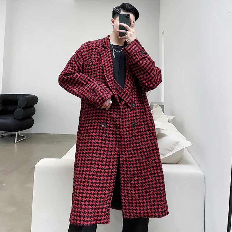 Fashion IE Vintage Plaid Bright Silk Red Woolen Coat 2022 New Notched Collar Double Breasted Autumn Winter Long Jacket 2D0212