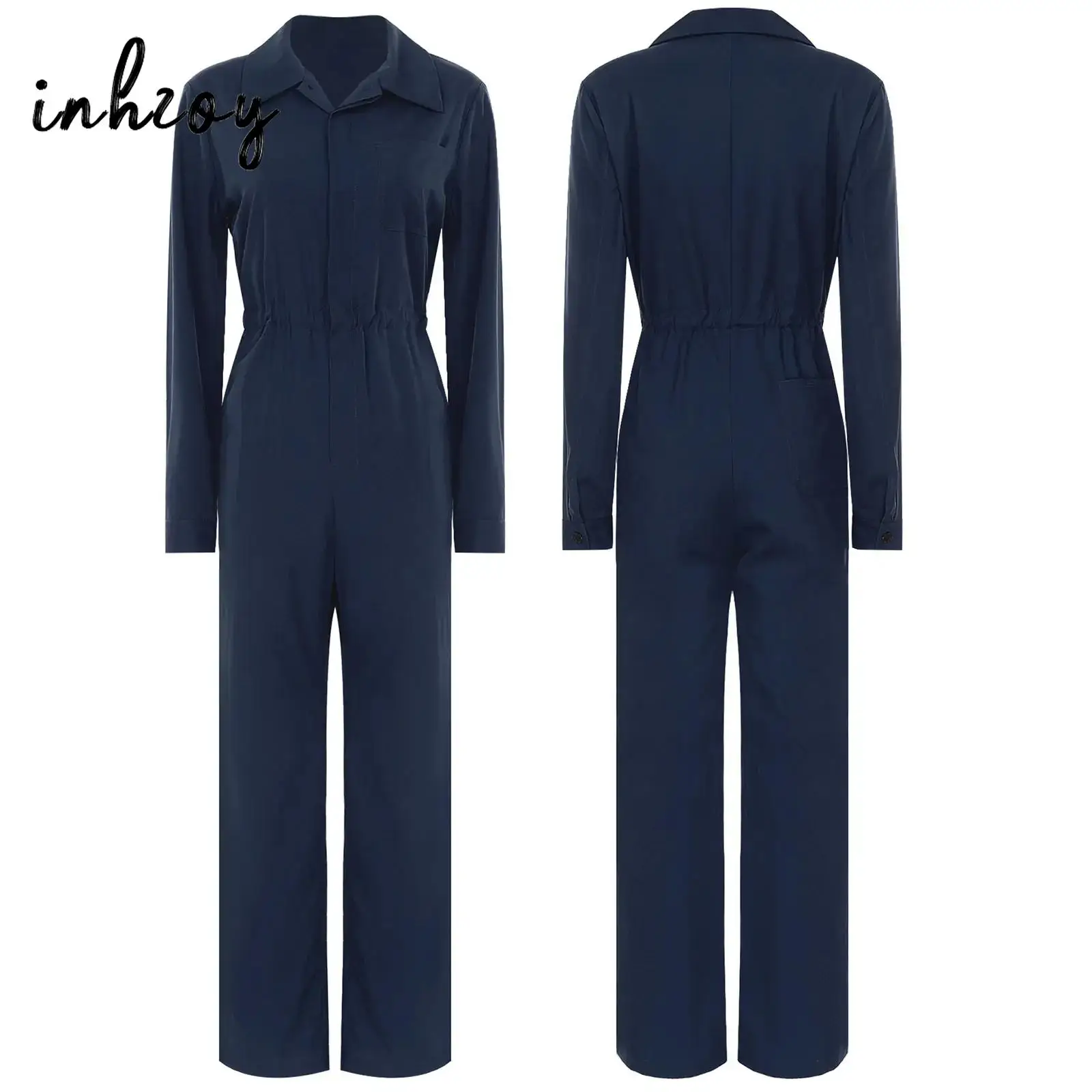 

Womens Work Jumpsuit Fashion Button Coverall Casual Turn Down Collar Long Sleeve Romper Overall Professional and Leisure Wear