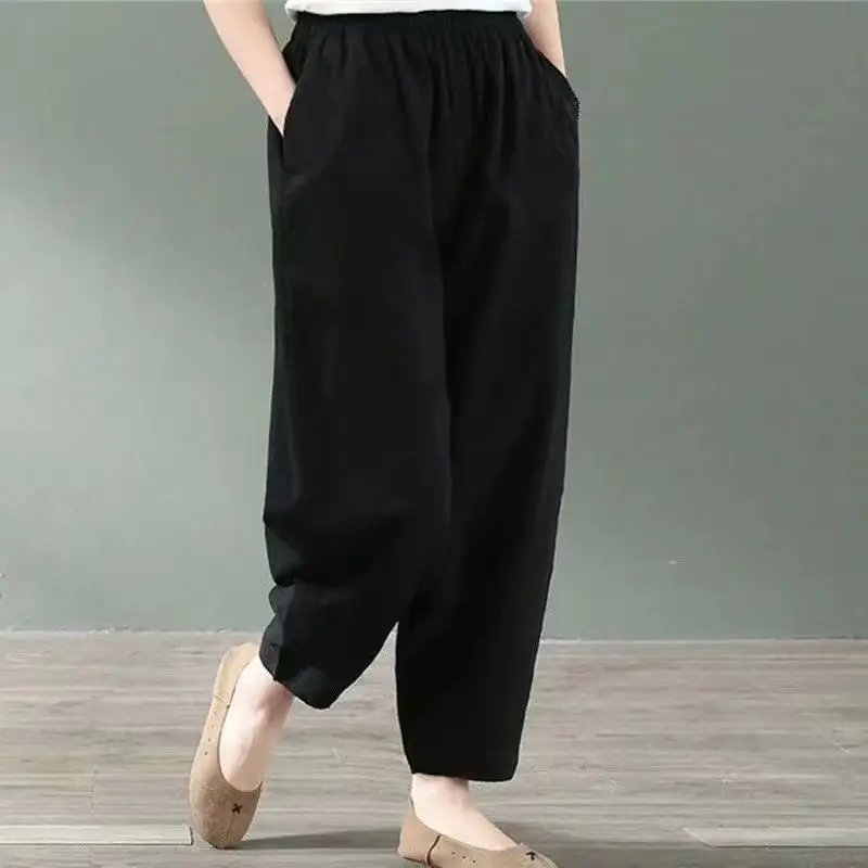 

2023 New Spring and Autumn Art Vintage High Waist Pocket Solid Color Versatile Relaxed Oversize Women's Nine Point Harlan Pants