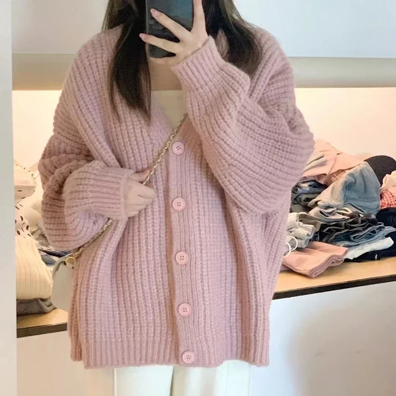 Rimocy Sweet Pink Knitted Cardigan Sweater Women Korean Long Sleeve V Neck Cardogans Woman Wild Button Up Jumper Coat Female