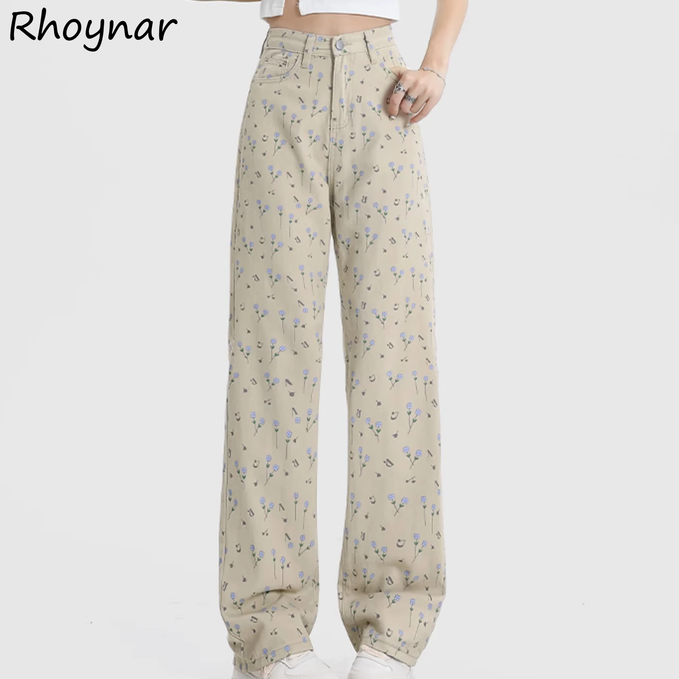 Jeans Women Washed High Waist Floral Printing Straight Preppy Style Sweet Cute Girls Fashion Streetwear All-match Vintage Casual