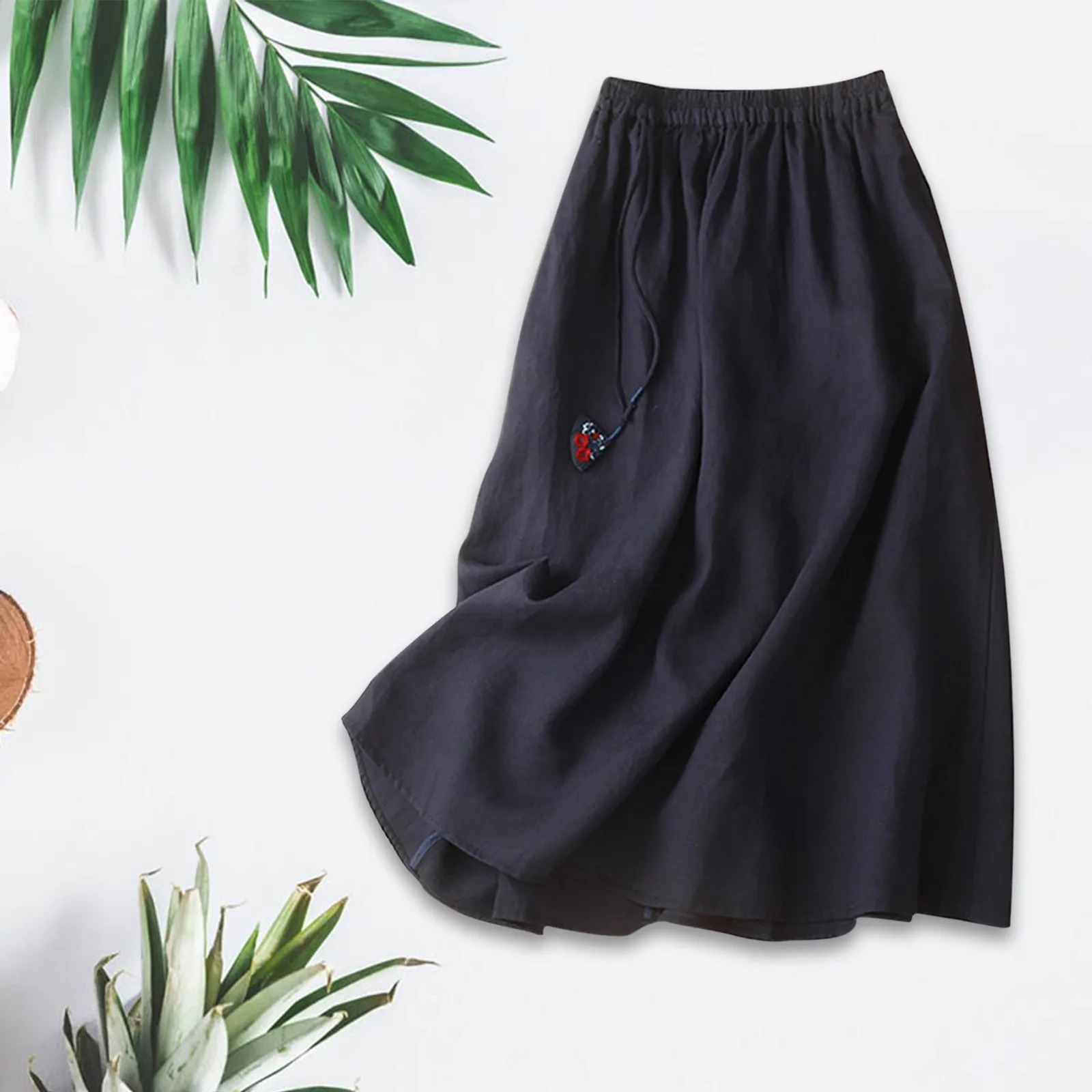 Rok a-line Linen untuk wanita, rok longgar katun Linen kasual panjang sedang, rok nyaman serbaguna untuk Musim Semi & musim panas