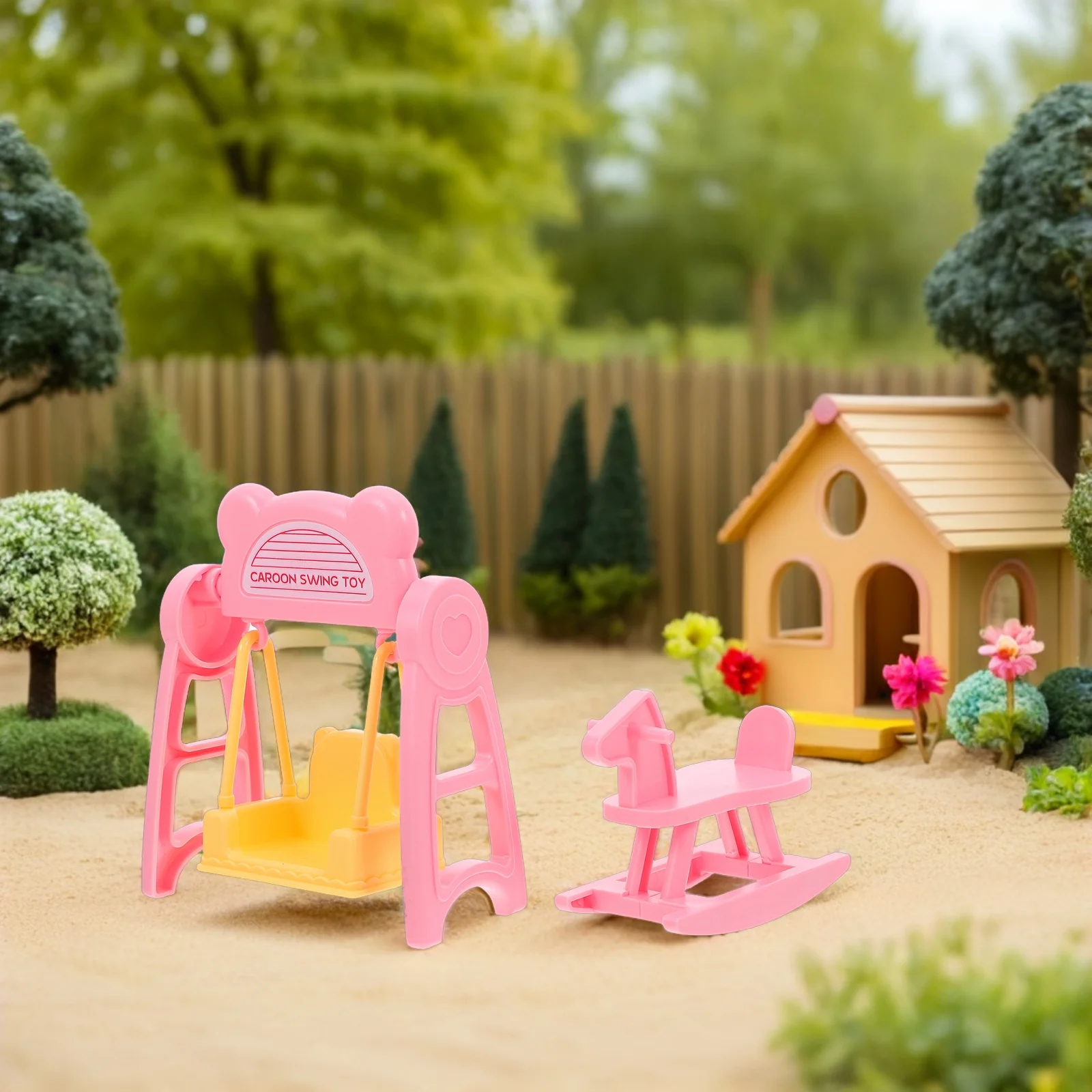 2 ensembles de meubles miniatures pour maison de poupée, accessoires pour enfants, jeu de simulation, cheval à bascule pour enfants, jeu de rôle intérieur et extérieur