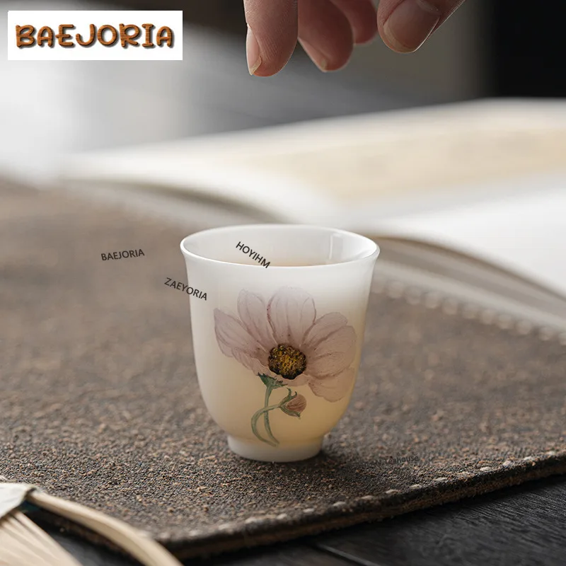 BAEJORIA 35ml Sheep Fat Jade Porcelain Tea Cup Happiness Flower Master Cup White Jade Mud Smell Fragrant Mug Personal Kung Fu