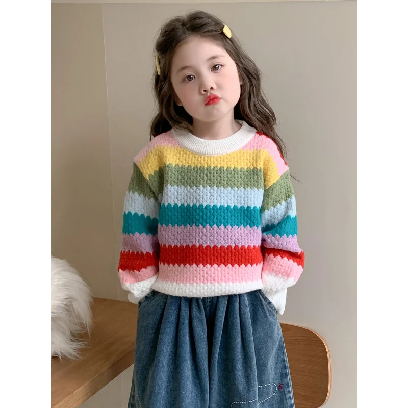 

Girls' Thick Sweater for Autumn and Winter2025New Stylish Winter Fleece-Lined Top for Girls Baby Children's Knitted Sweater