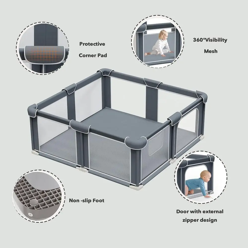 روضة أطفال محمولة مقاس 50 × 50 قابلة للطي مع حصيرة للأطفال والأطفال الصغار، إطار معدني وجدران شبكية، منطقة لعب داخلية/خارجية #3