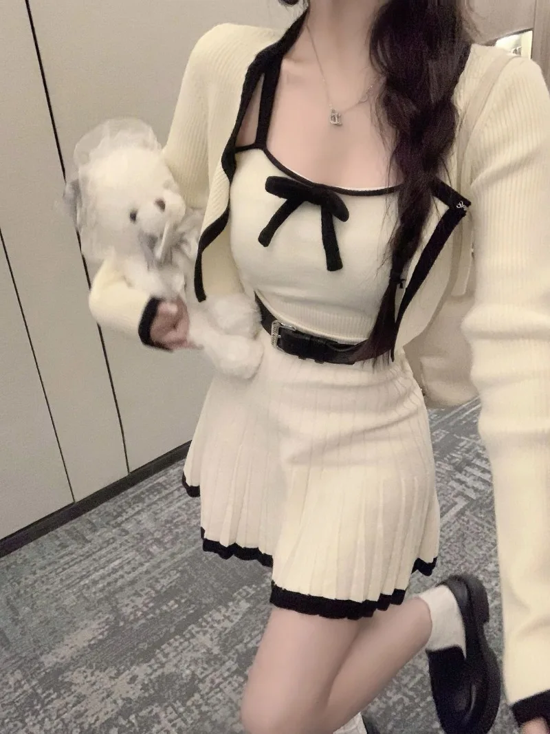 Cute Autumn Elegant Knitted 3 Piece Set Woman Solid Korea Fashion Suit Casual Vest + Short Cardigan + Slim Mini Skirt Bow Design