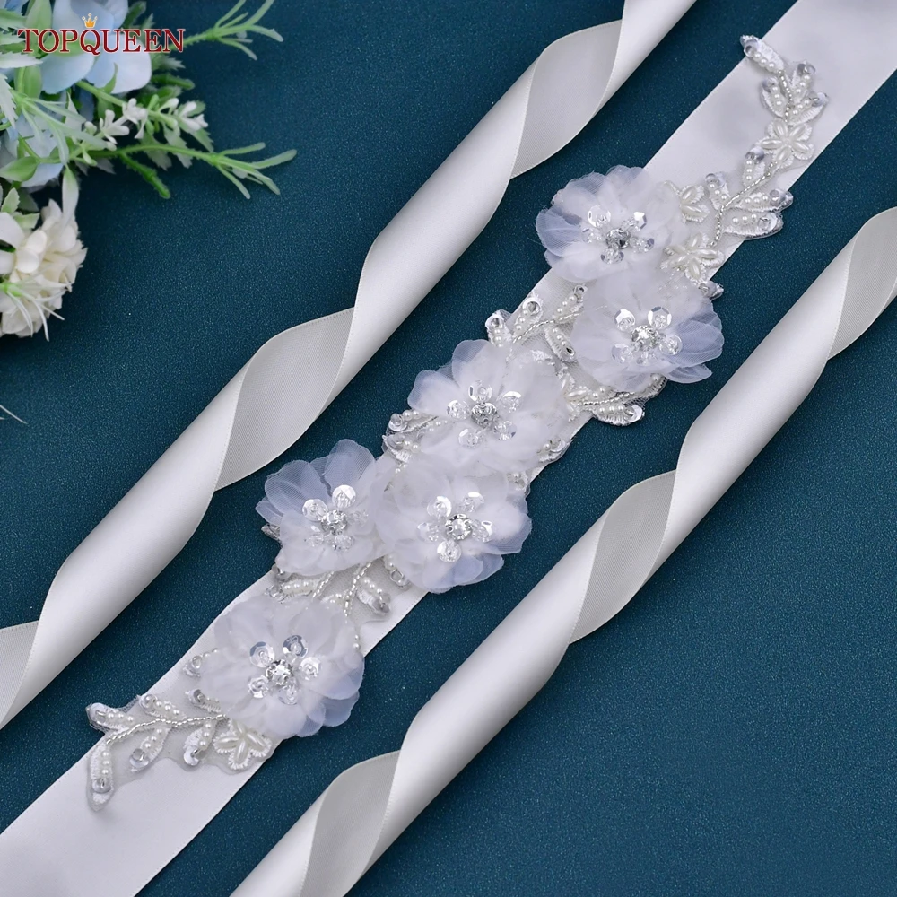 TOPQUEEN S249 White Flower Belt Bride Wedding Dress Accessories Fancy Pearl Sequin Appliques Evening Party Prom Women Sash