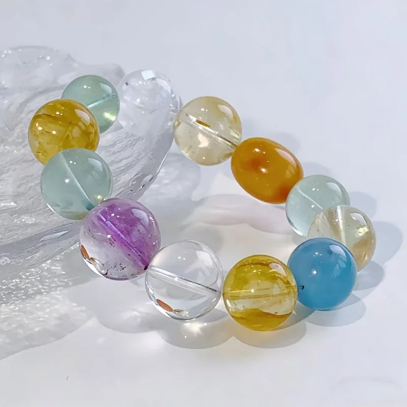 

Minar Bohemian 15mm Mix Color Rainbow Semi-precious Natural Stone Crystal Elastic Strand Bracelets for Women Anniversary Gifts