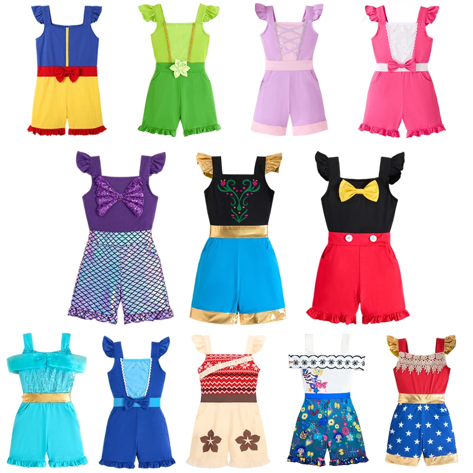 

Princess Inspired Jumpsuit Magical Holiday Trip Cruise Mouse Beauty Girl Snow Queen Sequin Sisters Romper For 2-10Y Kids Clothes