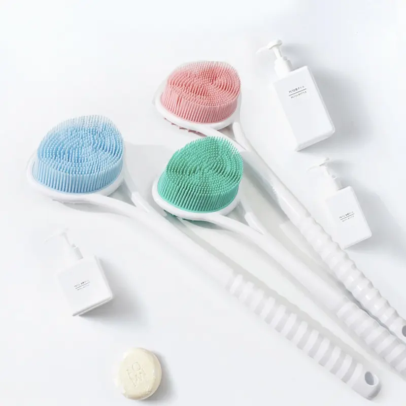 Bath Brush With Long Handle Silicone Doubleside Back Cleaning Soft Bristles Scrubber Massage Brush Washing Tools 1pc