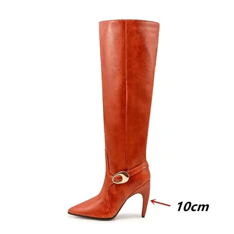 European And American Women's High-heeled Belt Buckle Decorative Sleeve Knee High Boots 2024 Fashion Kitten Heel Wide Boots