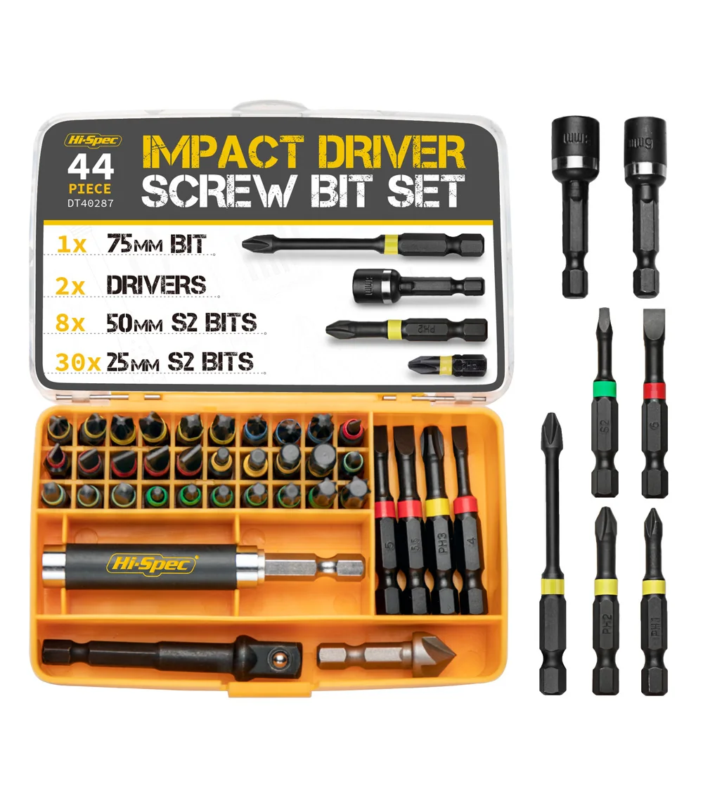 

Hi‑Spec 44 Piece 1/4" Hex Shank Impact Driver Screw Bit Set – S2 Steel Magnetic Bits, Sleeve Holder & Socket Adapters for Drill