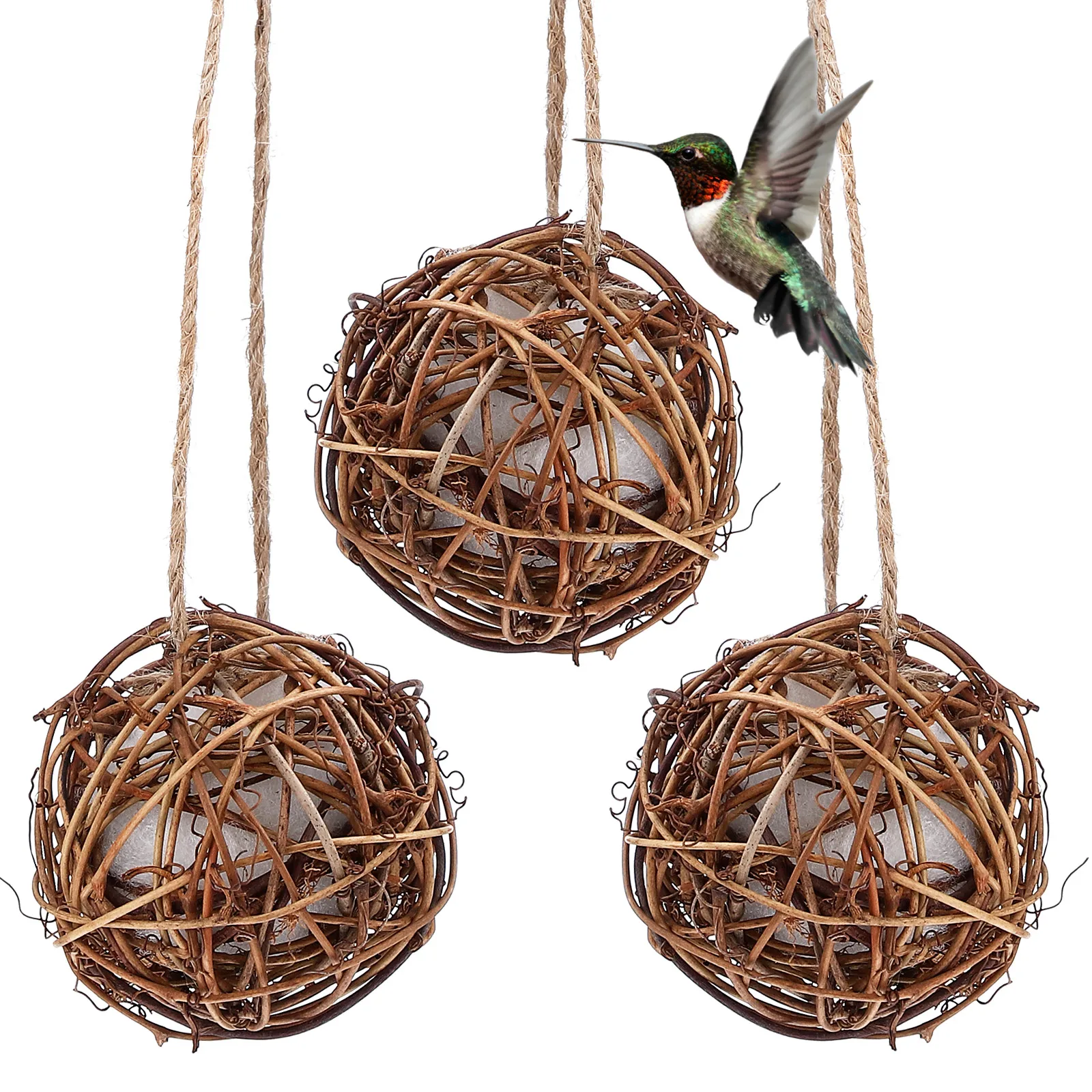 

3 Pcs Hummingbird Nest Builder Material Multipurpose Nesting Holder Hanging Wooden Balls for Birds Feeder