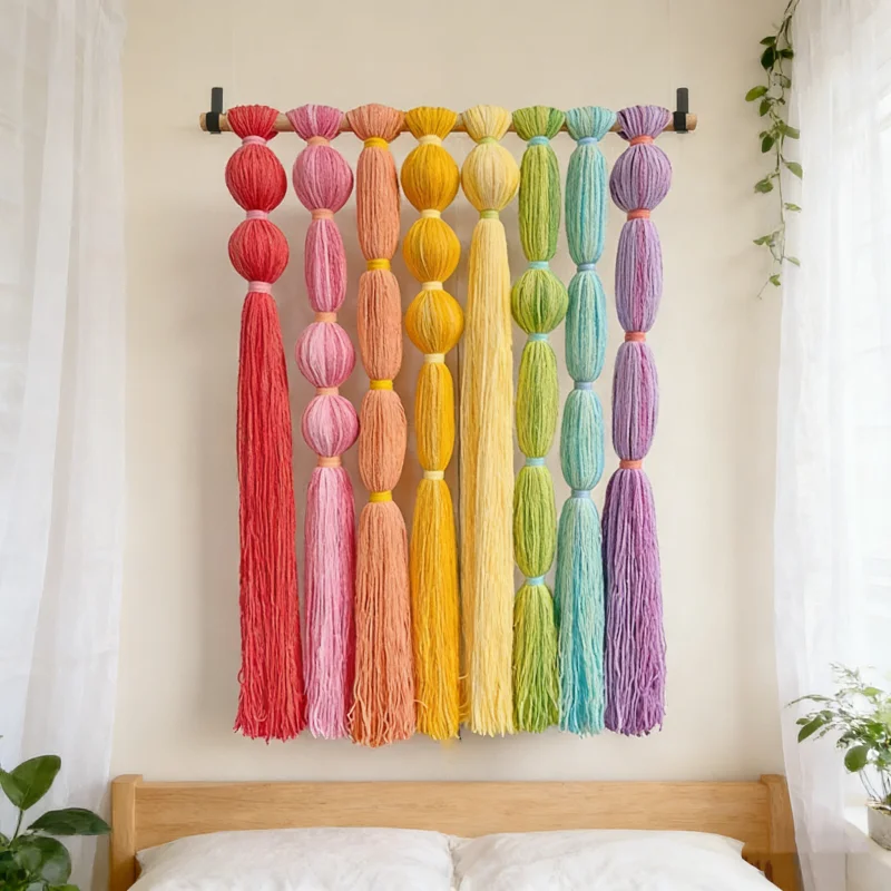 

Bohemian Rainbow Tassel Macrame Wall Hanging Nordic Style Yarn Wall Art for Nursery Bedroom Aesthetic