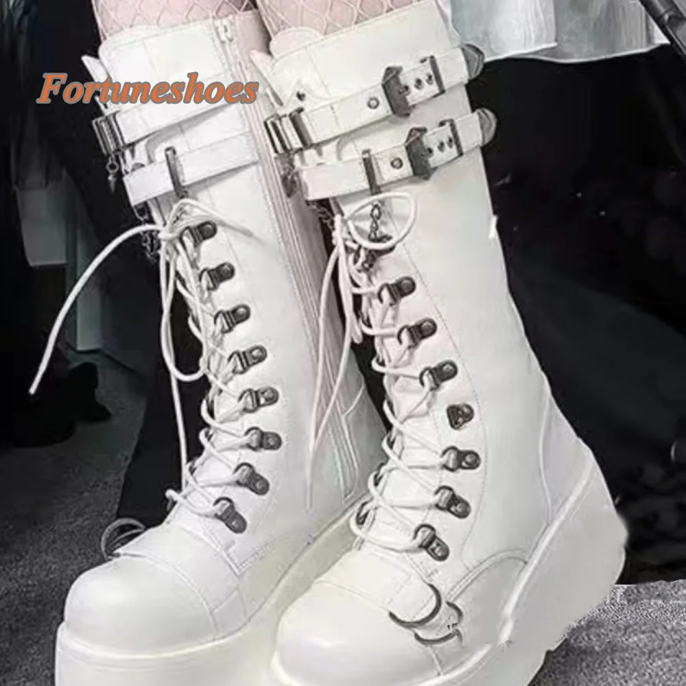 

Rivet Platform Knee High Boots Cross Tied Metal Round Toe Chunky Heel Women Belt Buckle Pumps 2025 Newest Casual Fashion Boots