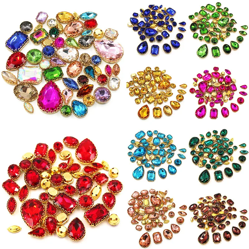 New Arrival 50 sztuk/worek Mix kształt kryształowe kamienie szycia złote koronki oprawa w krapach szkło Rhinestone Diy buty odzież akcesoria