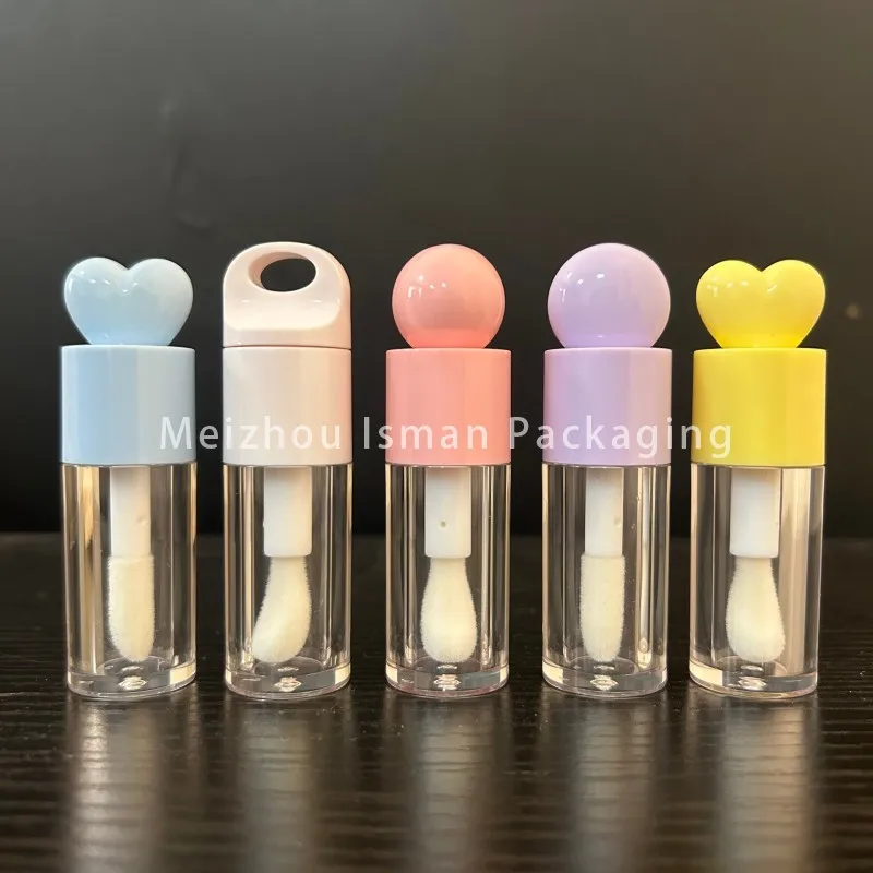 

50Pcs Short Heart Shape Pink Ball Big Brush Wand Transparent Lipgloss Tube Plastic Round Empty Lip Gloss Container Tubes 4ml