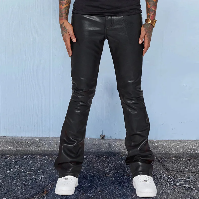 Leather Pants Men Long Pant Solid Mid Waist Casual Regular Pleated Splice Straight Trousers Button Pocket Autumn Winter New