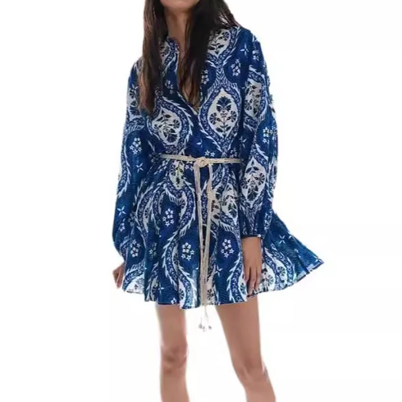 Women Fashion Stand Collar Pleat Loose Short Dress Elegant Hight Waist Lace-Up A-Line Dress Vintage Geometric Pattern Mini Dress