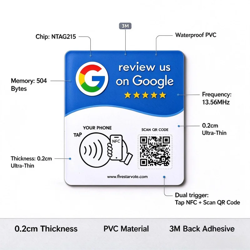 NTAG215 Tap To Review Acrylic NFC Sign 13.56MHz Google Review 3M Adhesive Dynamic QR Code
