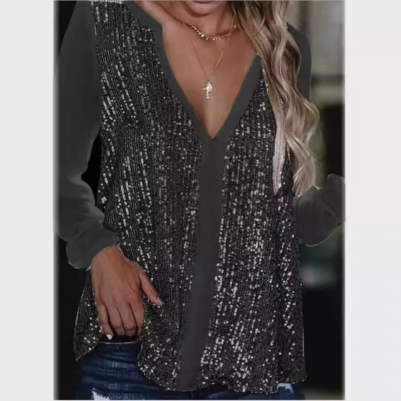 Fashion V-neck Sexy Sequins Shirts Women Long Sleeve Tops Party Shiny Blouse Pullover Loose Spring Summer Tops Mujer New