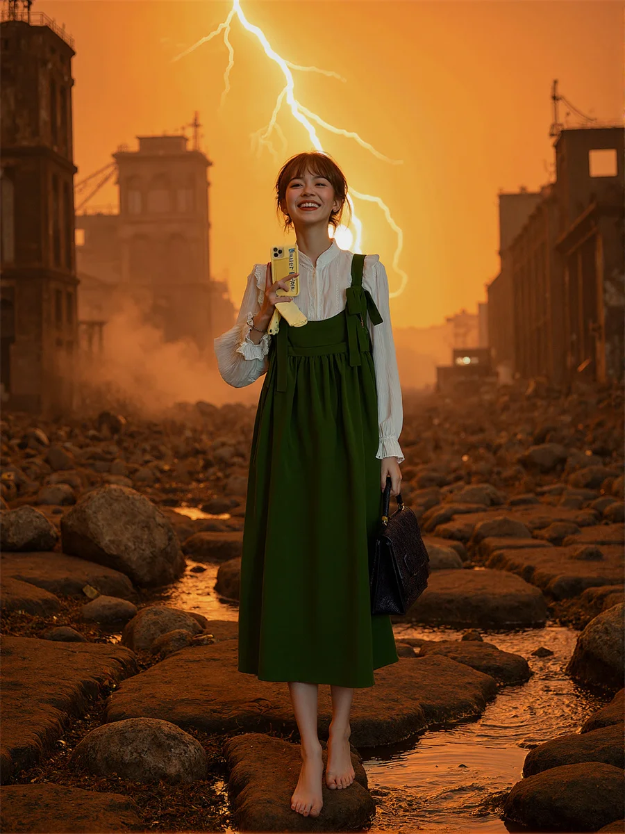 เดรสสีเขียวสำหรับผู้หญิง ความยาวระดับกลางน่อง สายเดี่ยว ยืดหยุ่น ช่วงเอวสม็อค ยืดได้ สวมใส่สบาย ยืดหยุ่น ใส่สบายๆ ง่ายๆ