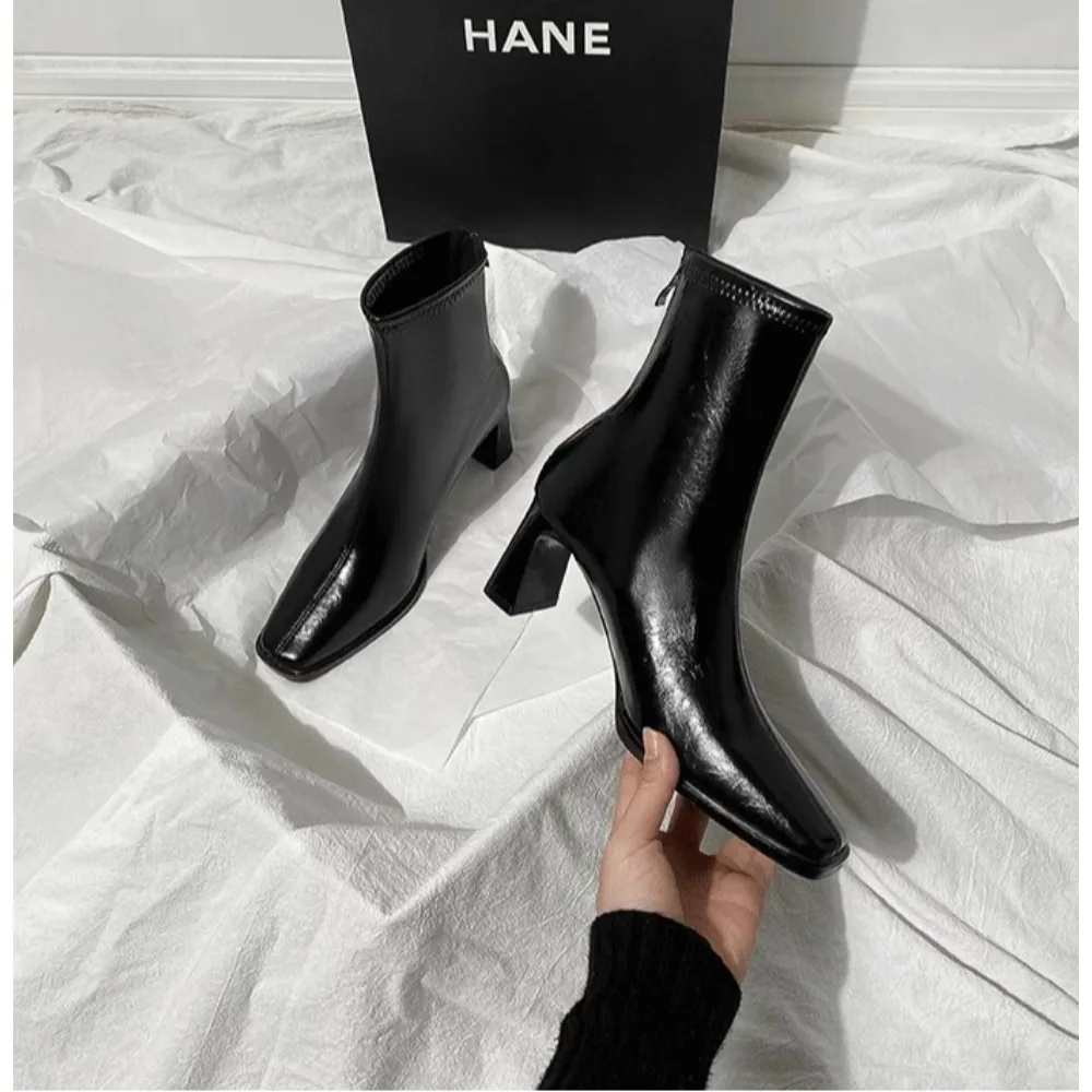

Women's High Heels 2026 Autumn New Style PU Waterproof Sexy Square Toe Mid-Calf Boots Luxury Metal Zipper Party Chelsea Boots