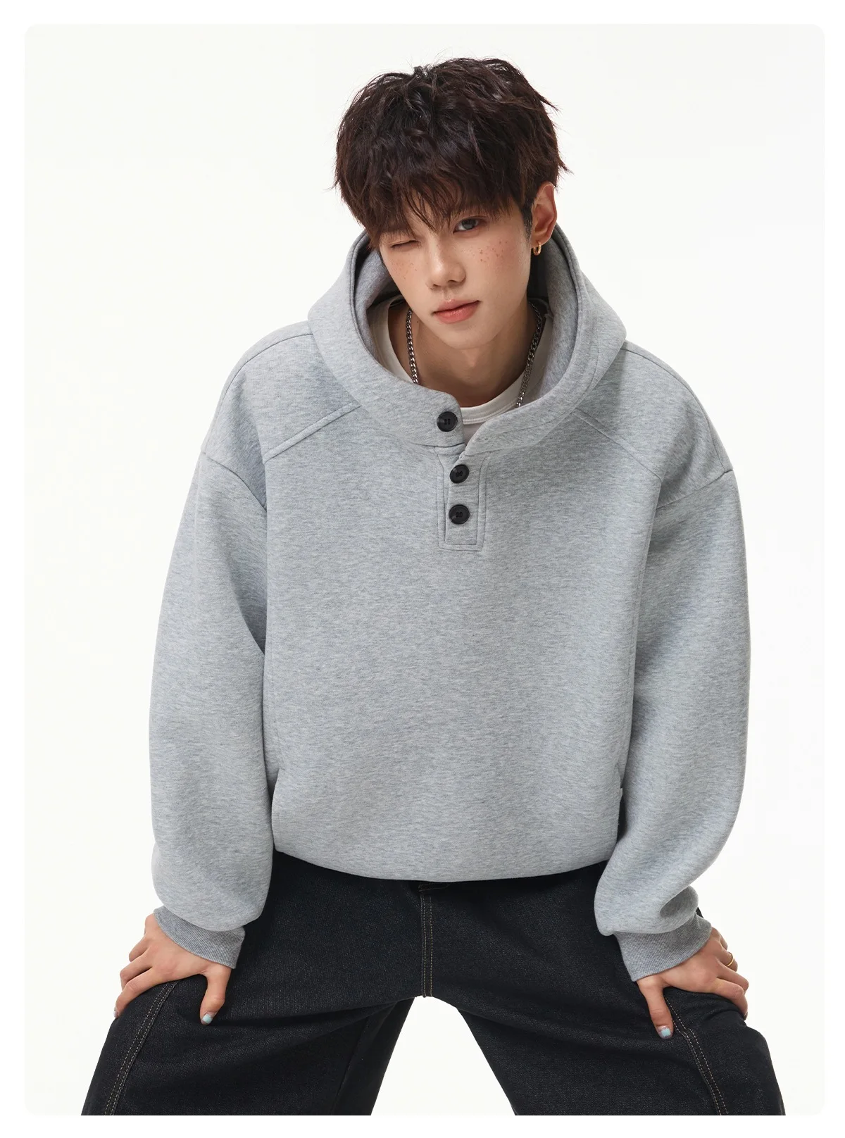 Autumn Winter New Button Half High Neck Hoodie for Men Korean Fashion Harajuku Simple Solid Men's Casual Loose Hooded Sweatshirt