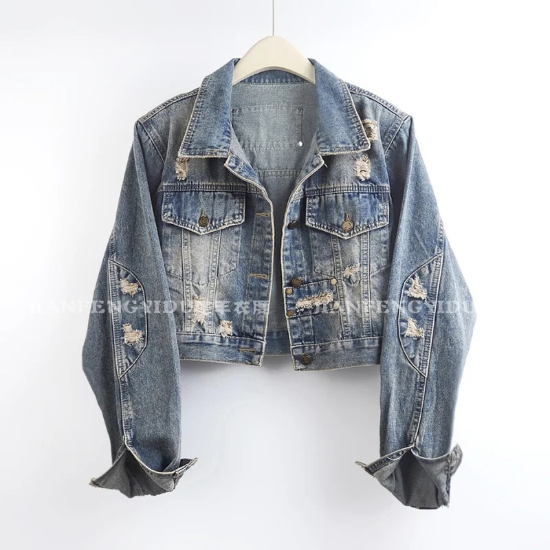 Autumn Fashion Frayed Burrs Hole Blue Short Denim Jacket Women Loose Casual Turndown Collar Long Sleeve Jeans Jacket Coat Female