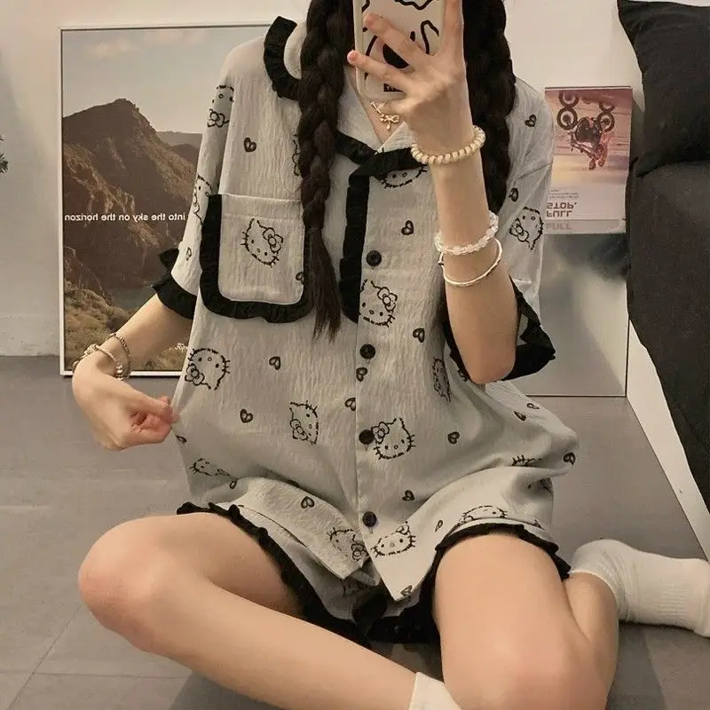 

Sanrio Cute Pajamas Hello Kitty Sleepwear Cartoon Nightwear Shorts Short Sleeve Pyjamas Summer Pijama Women Home Clothes 2 Piece