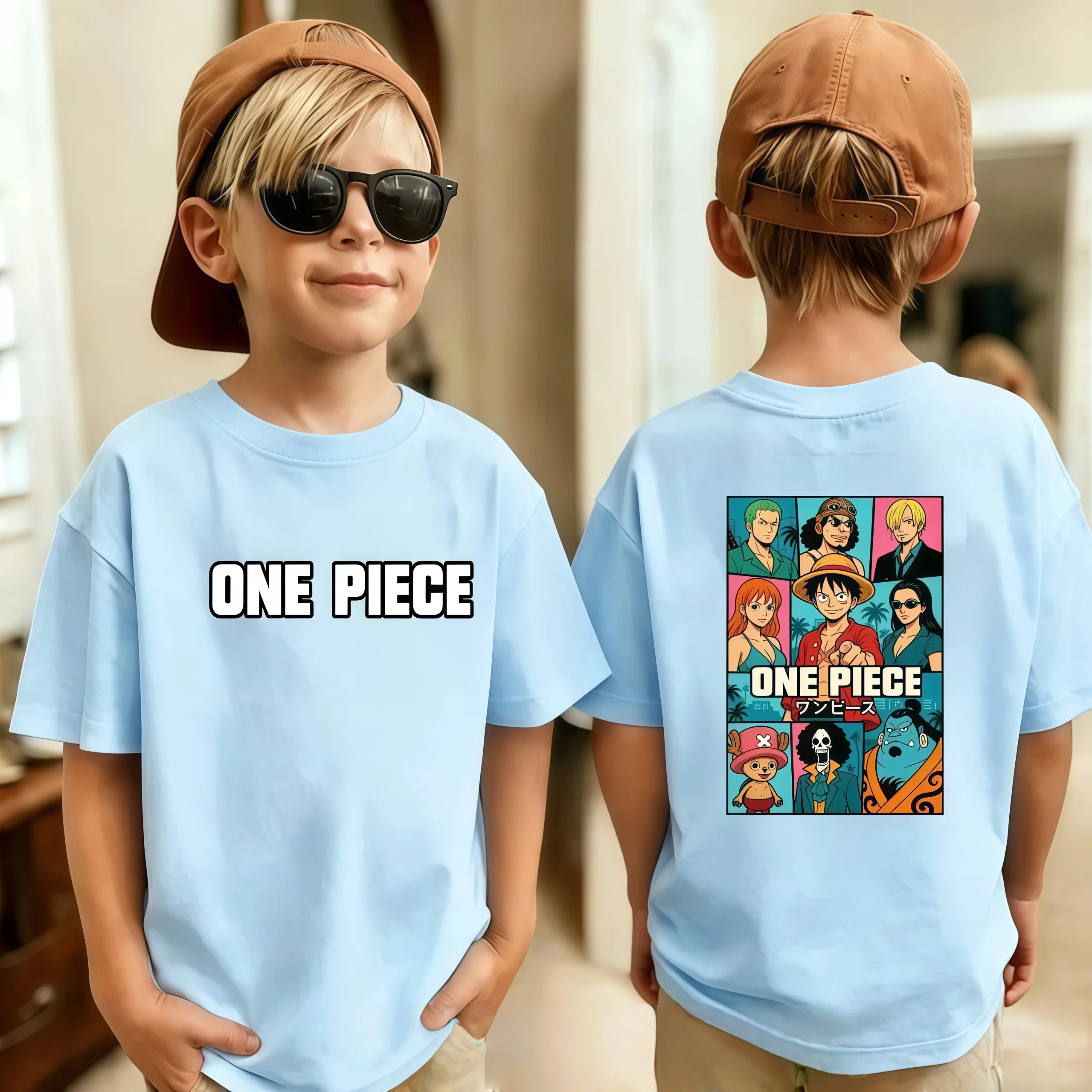 One Piece Jungen- und Mädchen-T-Shirt Sommer Kinder Anime T-Shirt Luffy Zoro Nami Chopper Niedliche Kleidung Cartoon-Shirts Geburtstagsgeschenke Oberteile