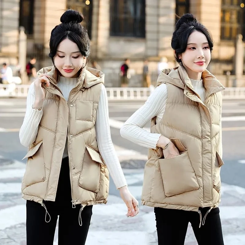 New 2024 Autumn Winter Puffer Vest Women Loose Hooded Sleeveless Short Vest Jackets Cotton Padded Winter Waistcoat Outwear