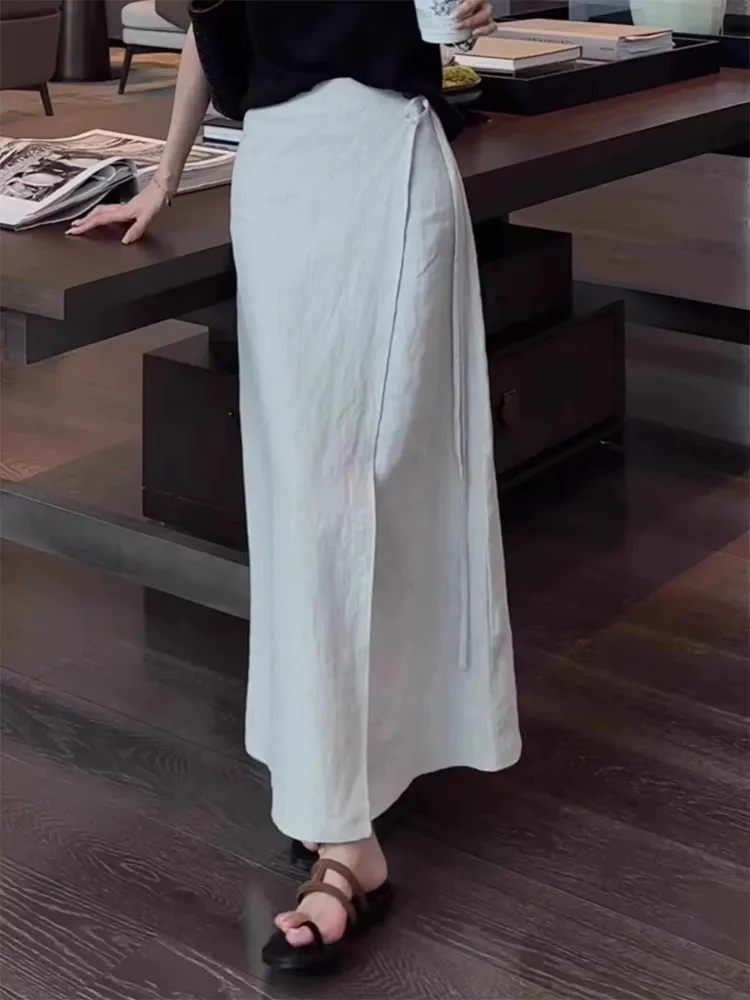 

Новое женское льняное платье-макси 2025 года с воротником-халтером, тонкое, стройнящее, больших размеров, в корейском стиле, для повседневной носки, с завышенной талией, А-силуэт