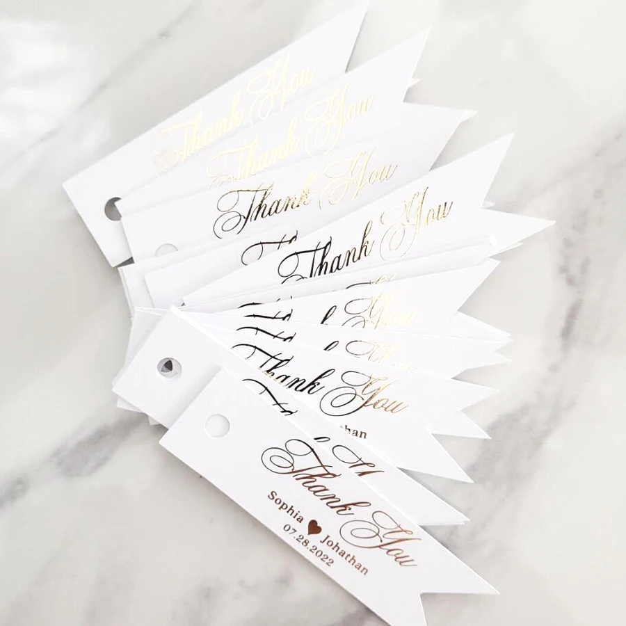 Etiquetas personalizadas para boda, etiquetas doradas de agradecimiento, colgantes, recuerdo de boda, 50 piezas