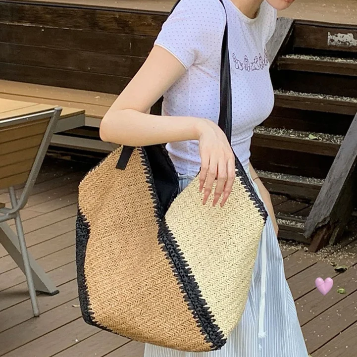 

Retro Patchwork Y-shaped Woven Handbag,large Size Fashion Striped Color Block Beach Bag,lightweight Women Shopping Shoulder Bag