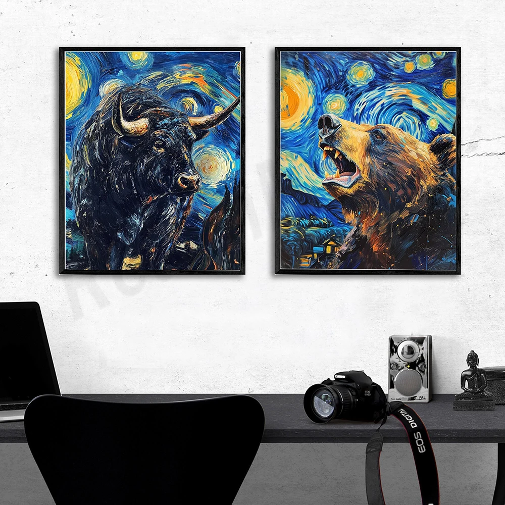 Vincent van Gogh inspired Bull and Bear Abstract Art Starry Sky Day Trader Decor Gift, Stock Market Wall Decor Poster