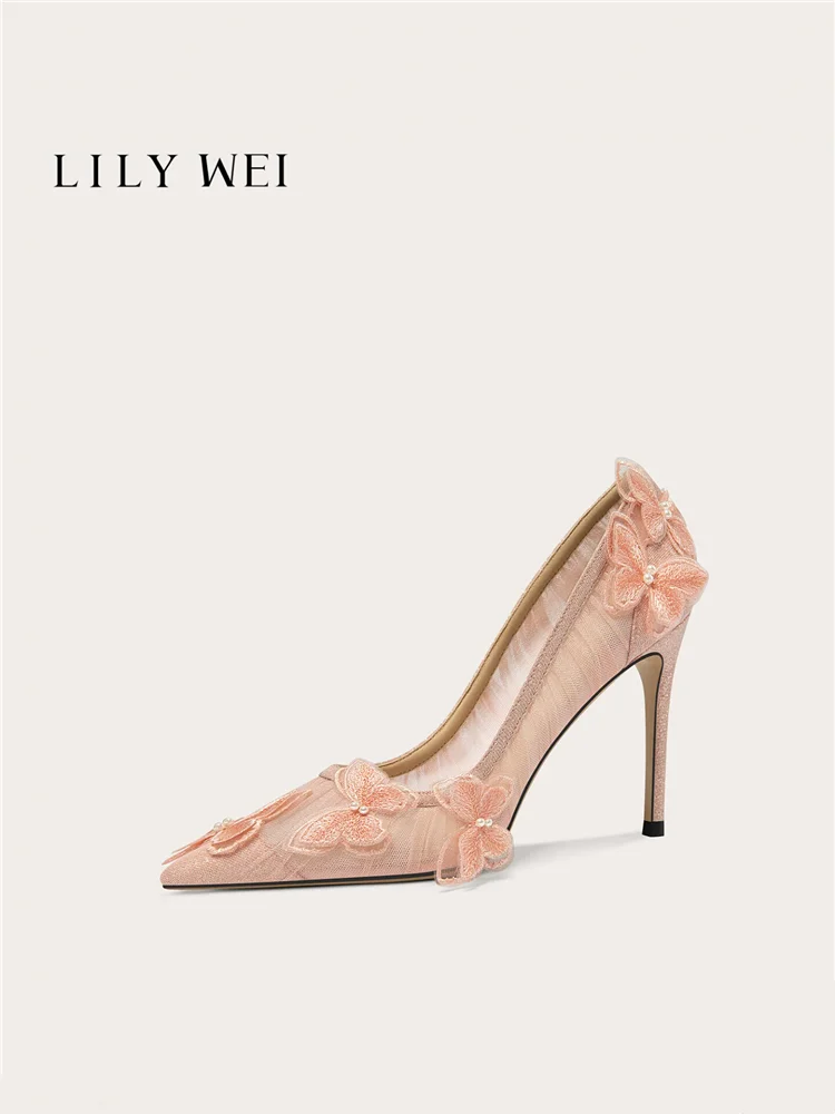 Spring and summer new pointed pearl lace mesh pearl butterfly sequin shoes banquet large size small size high-heeled women shoes